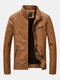 Mens Fashion PU Leather Multi Pockets Long Sleeve Stand Collar Slim Fit Jackets - Khaki