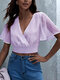 Cross V-neck Short Sleeve Solid Color Chiffon Women Crop Top - Purple