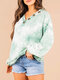 Ombre Tie Dye Printed V-neck Button Long Sleeve Blouse - Green