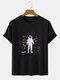 Mens Space Pattern Print Light Casual Loose O-Neck T-Shirts - Black