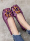 Socofy Genuine Leather Handmade Stitching Shoes Breathable Soft Comfy Floral Decor Casual Flats - Purple