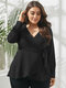 Asymmetrical V-neck Long Sleeve Knotted Plus Size Casual Blouse - Black