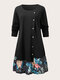 Plus Size Calico Pattern Patchwork O-neck Button Print Dress - Black
