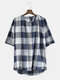 Mens Cotton Casual Breathable Thin Check Printed T-Shirts - Navy