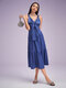 Solid Bowknot Front Open Back Sleeveless Maxi Dress - Blue