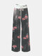 Plus Size Calico Pattern Patchwork Knotted Wide-leg Pants - Black