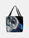 Women Cat Blue Bow Pattern Print Shoulder Bag Handbag Tote - Black