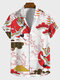 Mens Japanese Floral Crane Print Lapel Short Sleeve Shirts - White