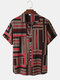 Mens Striped Color Block Lapel Short Sleeve Regular Hem Shirt - Red