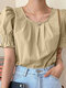 Puff Sleeve Solid Crew Neck Blouse For Women - Khaki