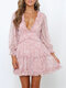 Bohemian Lantern Long Sleeve V-neck Ruffle Patchwork Dress - Pink