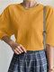 Blusa casual gola redonda cor sólida meia manga - Amarelo