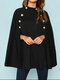 Women Solid Color Side Button Cloak Coat - Black