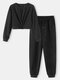 Solid Color O-neck Elastic Waist Knotted Comfy Casual Suits - Black