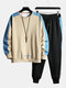 Mens Contrast Patchwork Letter Print Sweatshirt Casual Two Pieces Outfits - Khaki