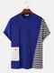 Mens Stripe Patchwork Flap Pocket Casual Short Sleeve T-Shirts - Blue