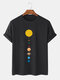 Mens 100% Cotton Cartoon Planet Print Solid Thin Loose O-Neck T-Shirt - Black