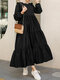 Solid Color Layered Long Sleeve Pleated Dress - Black