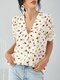 Puff Short Sleeve V-neck Button Floral Print Women Blouse - Beige