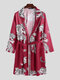 Mens Animal Tiger Print Affordable Silk Pajama Robe Shawl Collar Smooth Sleepwear - Red