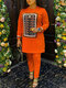プラスサイズの女性バロックプリントクルーネック長袖コーデ - オレンジ