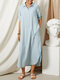 Solid Color Lapel Half Sleeve Pocket Slit Hem Casual Dress - Blue