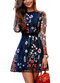 Women's Sexy Floral Embroidered Dress Transparent Mesh Quarter Bohemian Mini Dress - Dark Blue