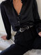 Satin Pearl Button Long Sleeve Plus Size Shirt - Black