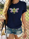 Bee Letter Print Short Sleeve O-neck Casual T-shirt For Women - Navy