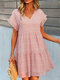 Floral Print V-neck Loose Ruffle Short Sleeve Dress For Women - Pink