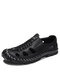 Men Woven Style Hand Stitching Closed Toe Slip On Leather Sandals - Black