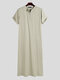 Mens Casual Long Tops Pure Color Short Sleeve Loungewear Robe - Beige