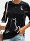 Cat Print Long Sleeve O-neck Casual T-Shirt For Women - Black