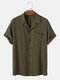 Mens Textured Stripe Lapel Pure Color Basics Short Sleeve Shirts - Green