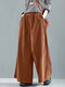 Corduroy Solid Color Elastic Waist Pocket Wide Leg Loose Pants - Brown