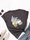 Cartoon Cat Printed O-neck Short Sleeve T-shirt - Grey