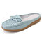 Plus Size Women Casual Soft Hollow Butterfly Knot Leather Flats Slippers - Blue
