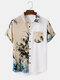 Mens Ink Bamboo Print Patchwork Button Up Short Sleeve Shirts - White