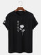 Mens Rose Pattern Japanese Characters Print Short Sleeve Street T-Shirts - Black