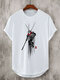 Mens Chinese Monkey Print Curved Hem Short Sleeve T-Shirts Winter - White