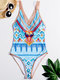 Women Swimsuits Geometric Print Backless Criss Cross One Piece  - Blue