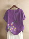 Flowers Print Button Short Sleeve Plus Size T-shirt for Women - Purple
