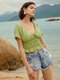 Solid Open Back Tie Elastic Crop Blouse For Women - Green
