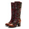 SOCOFY Vintage Sunflower Genuine Leather Splicing Mid Calf High Heel Boots - Red