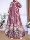 Vestido maxi feminino com estampa floral muçulmano de manga comprida - Rosa