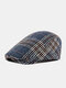 Men Polyester Cotton Vintage Colorful Lattice Pattern British Casual Warmth Forward Hat Beret Flat Cap - Navy