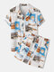 Holiday Mens Landscape Print Revere Collar Button Shirts Casual Outfits Set - White