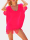 Women Tassel Over Head Beachwear Plain Irregular Bat Sleeve Lounge Translucent Cover Ups - Rose