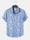 Mens All Over Daisy Pattern Short Sleeve Curved Hem Shirt With Pocket - Blue