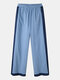 Side Striped Print Elastic Waist Pocket Long Casual Pants for Women - Blue